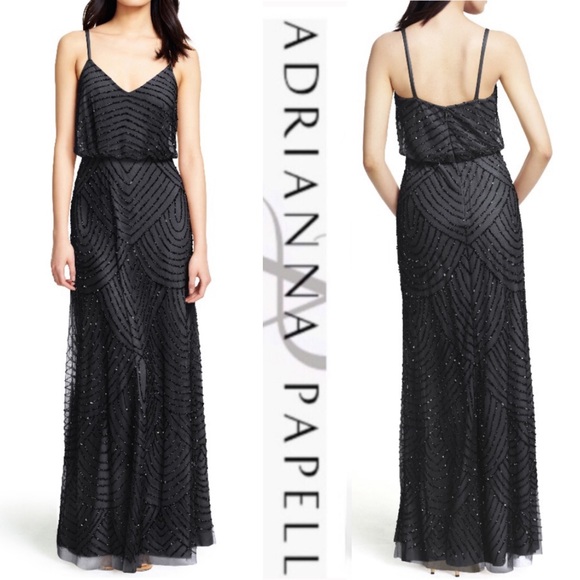 Adrianna Papell Blouson Black beaded long Dress - Picture 2 of 12
